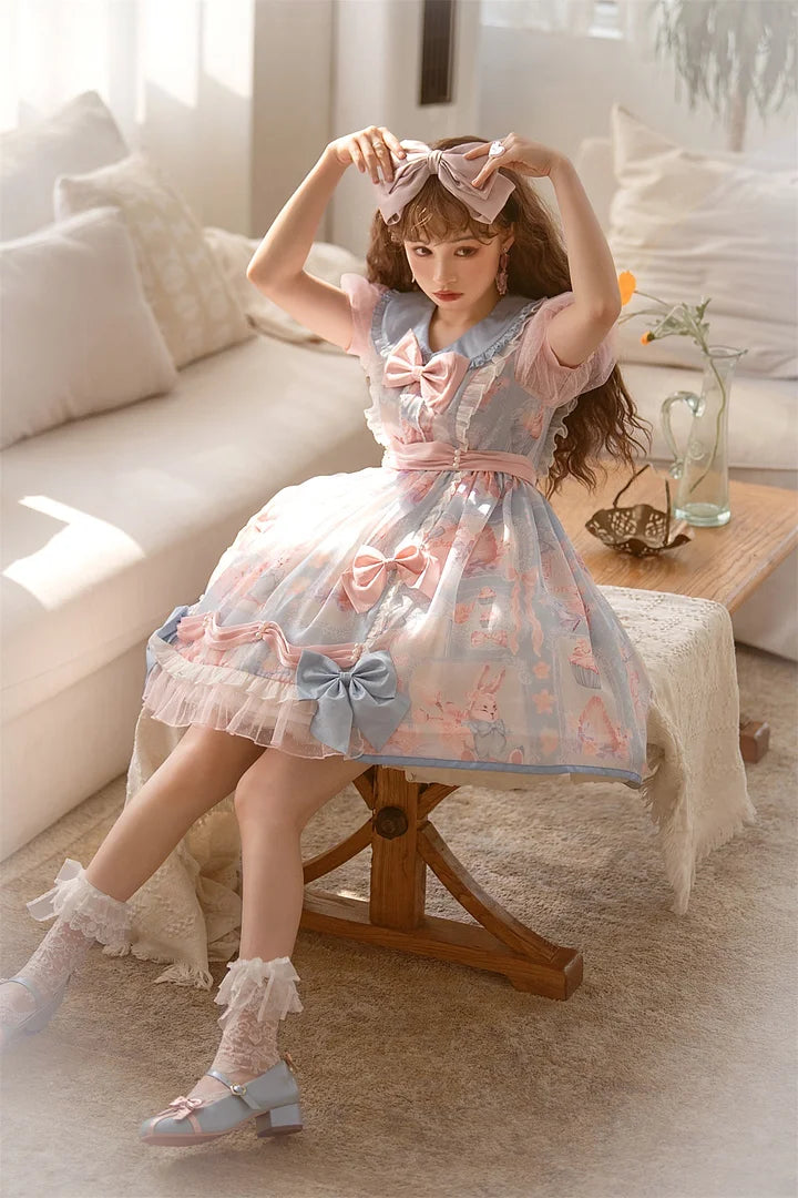 Pink-blue Sweet Bow Lolita Dress with Bubble Sleeves Cute Long Sleeved Princess Dress OP