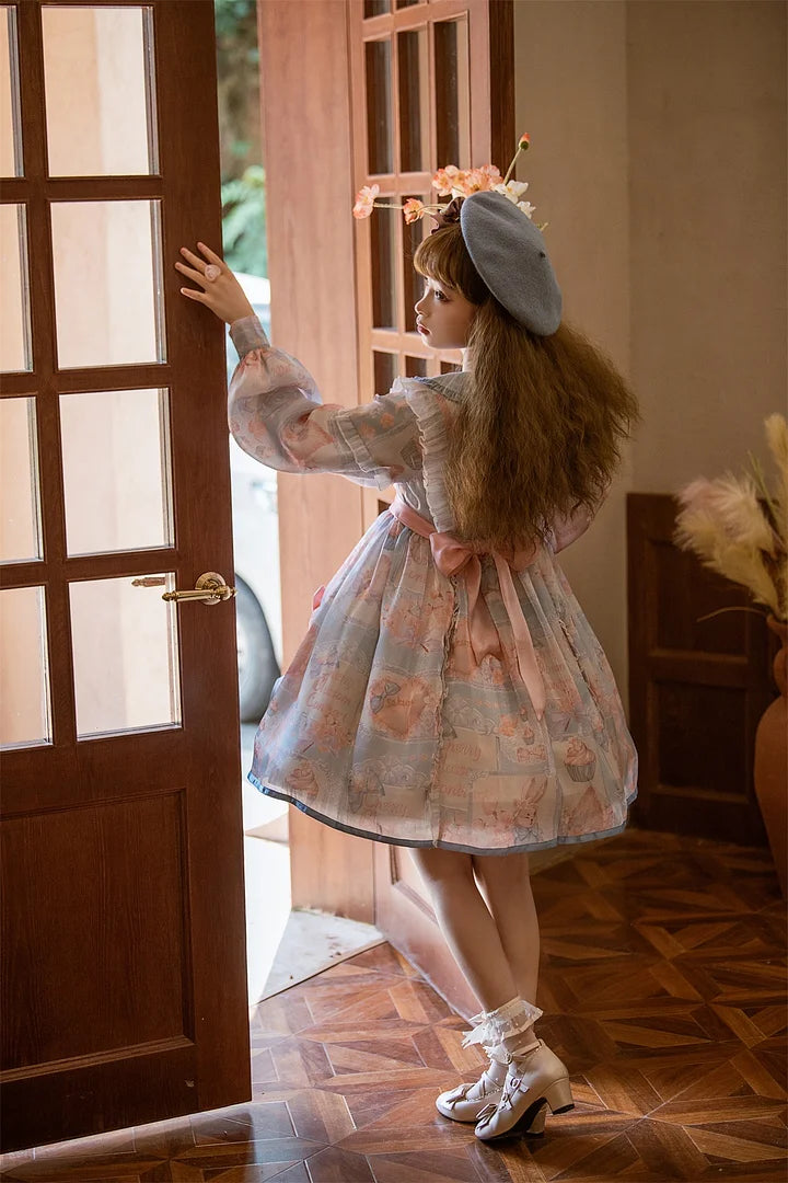 Pink-blue Sweet Bow Lolita Dress with Bubble Sleeves Cute Long Sleeved Princess Dress OP