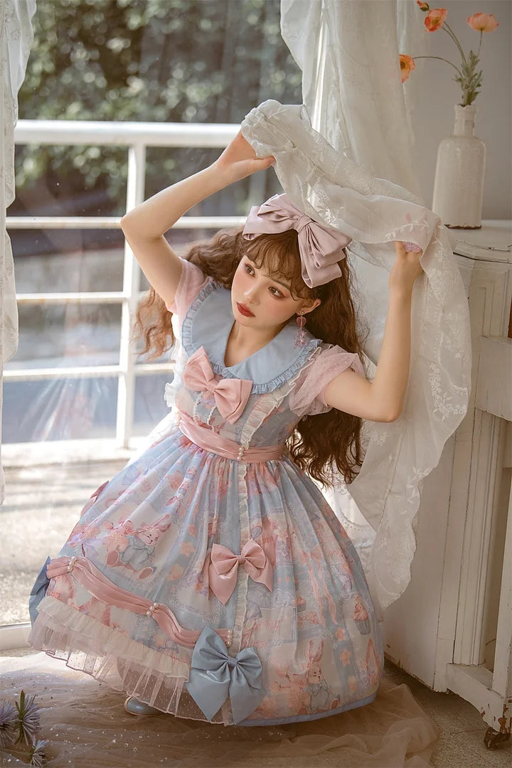Pink-blue Sweet Bow Lolita Dress with Bubble Sleeves Cute Long Sleeved Princess Dress OP