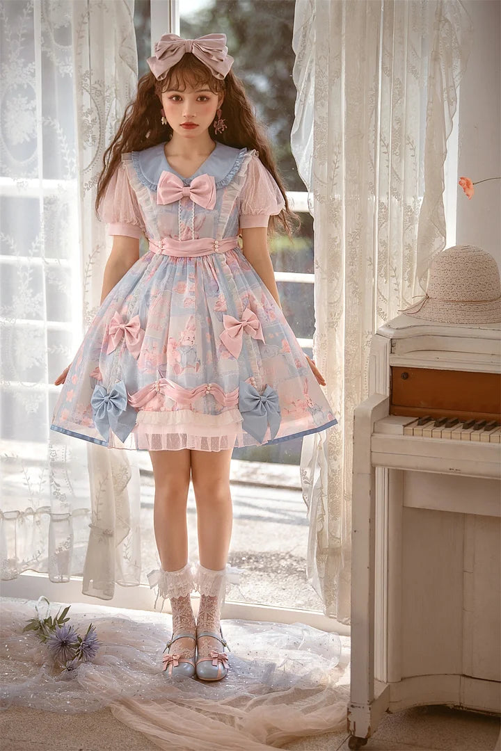 Pink-blue Sweet Bow Lolita Dress with Bubble Sleeves Cute Long Sleeved Princess Dress OP