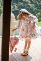 Pink-blue Sweet Bow Lolita Dress with Bubble Sleeves Cute Long Sleeved Princess Dress OP