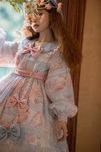 Pink-blue Sweet Bow Lolita Dress with Bubble Sleeves Cute Long Sleeved Princess Dress OP