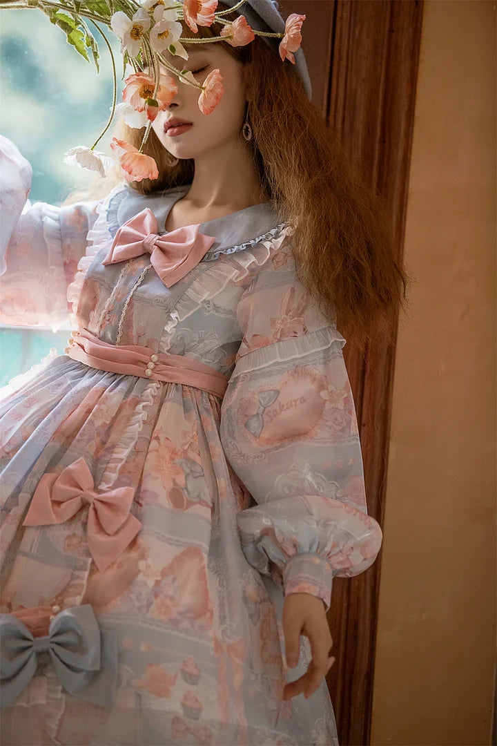 Pink-blue Sweet Bow Lolita Dress with Bubble Sleeves Cute Long Sleeved Princess Dress OP