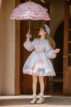 Pink-blue Sweet Bow Lolita Dress with Bubble Sleeves Cute Long Sleeved Princess Dress OP