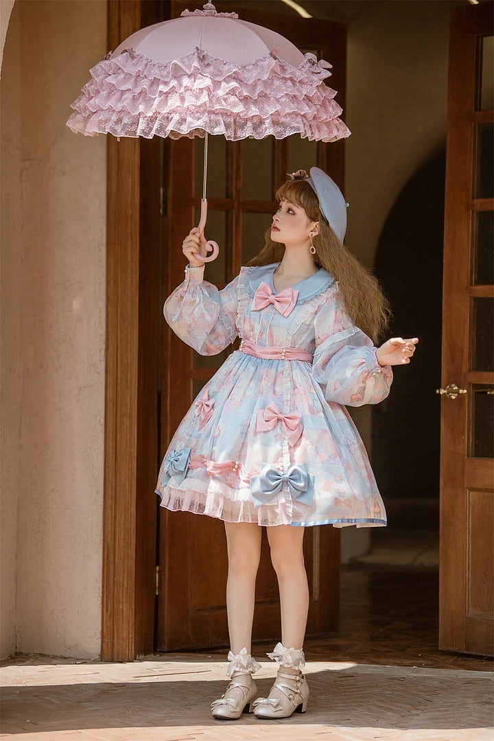 Pink-blue Sweet Bow Lolita Dress with Bubble Sleeves Cute Long Sleeved Princess Dress OP