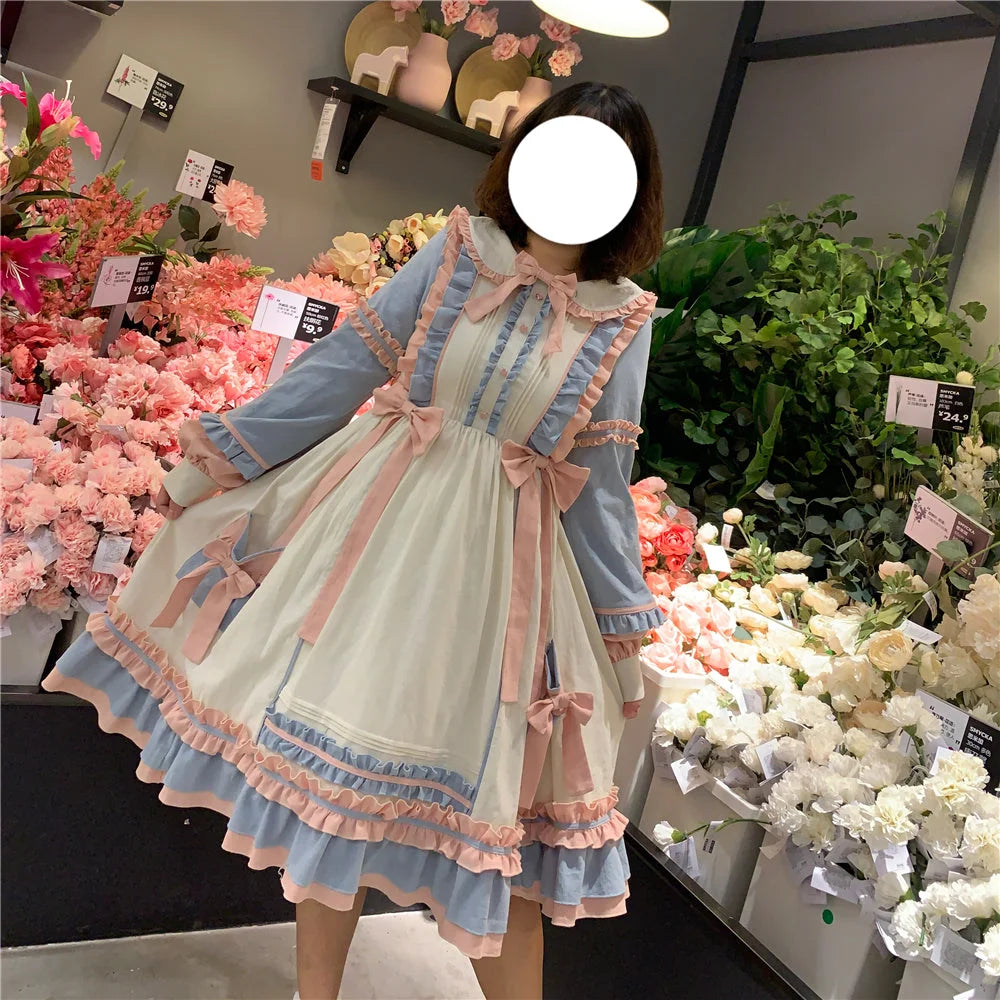 Sweet Lolita Plus Size Lolita Pink-blue Dress OP Long Sleeve 4XL One Piece Dress