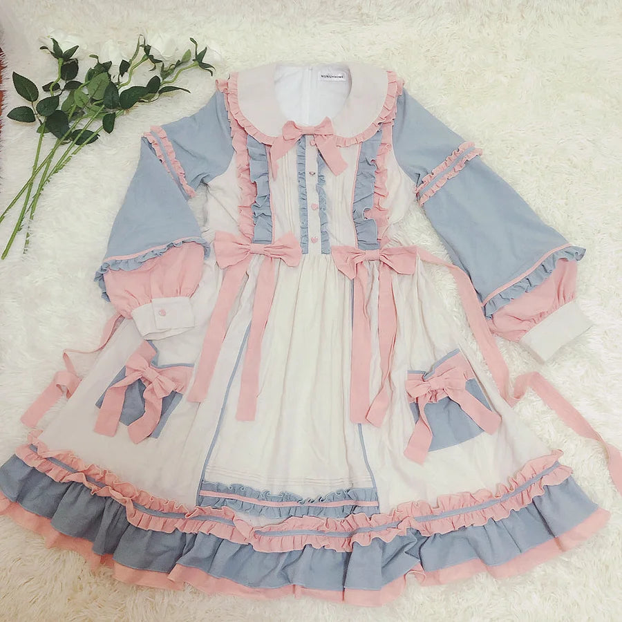 Sweet Lolita Plus Size Lolita Pink-blue Dress OP Long Sleeve 4XL One Piece Dress