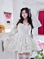 Plus Size Long Sleeve White Lace Sweet Lolita Short Dresses 3XL Lolita Dress One Piece Dress
