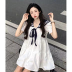 Plus Size Short Sleeve Sweet Navy Collar Dress Women's Summer Loose College Style Bubble Sleeves 4XL Lolita Dress One Piece Dress