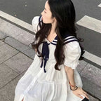Plus Size Short Sleeve Sweet Navy Collar Dress Women's Summer Loose College Style Bubble Sleeves 4XL Lolita Dress One Piece Dress
