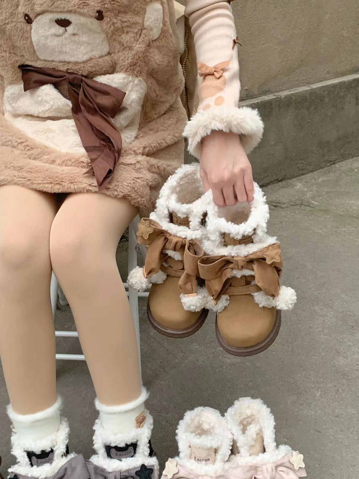 Lolita Shoes Plush Cotton Sweet And Cute Round Toe Plush Bow Snow Boots Winter