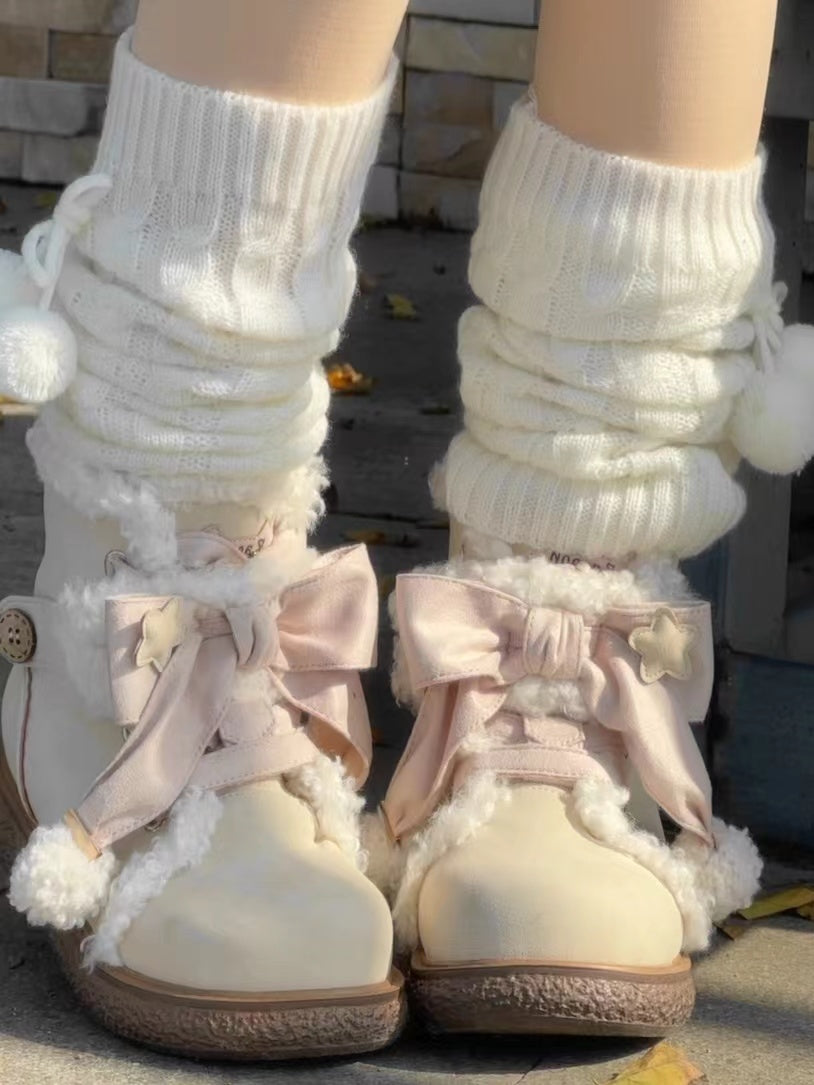Lolita Shoes Plush Cotton Sweet And Cute Round Toe Plush Bow Snow Boots Winter