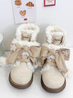 Lolita Shoes Plush Cotton Sweet And Cute Round Toe Plush Bow Snow Boots Winter