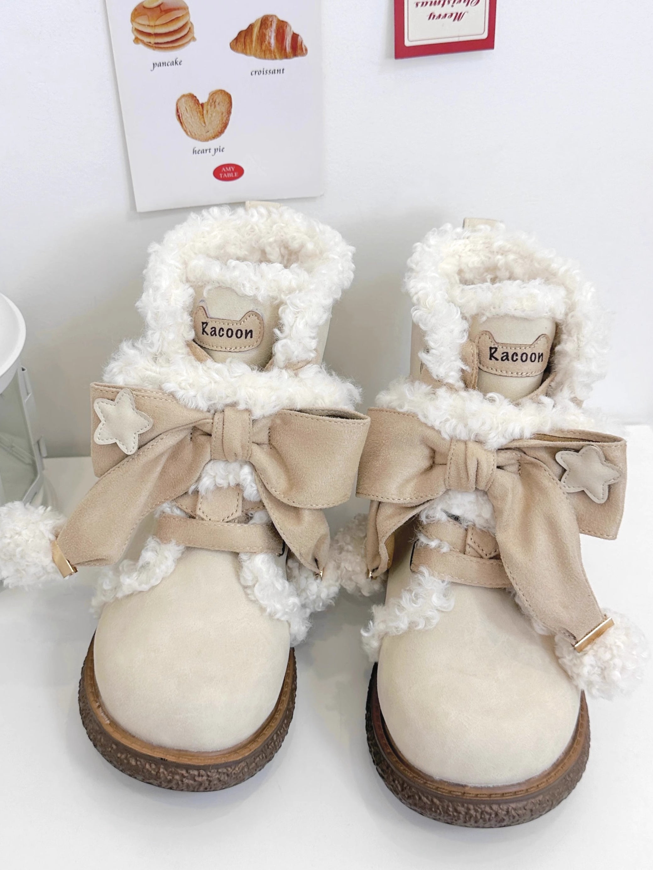 Lolita Shoes Plush Cotton Sweet And Cute Round Toe Plush Bow Snow Boots Winter