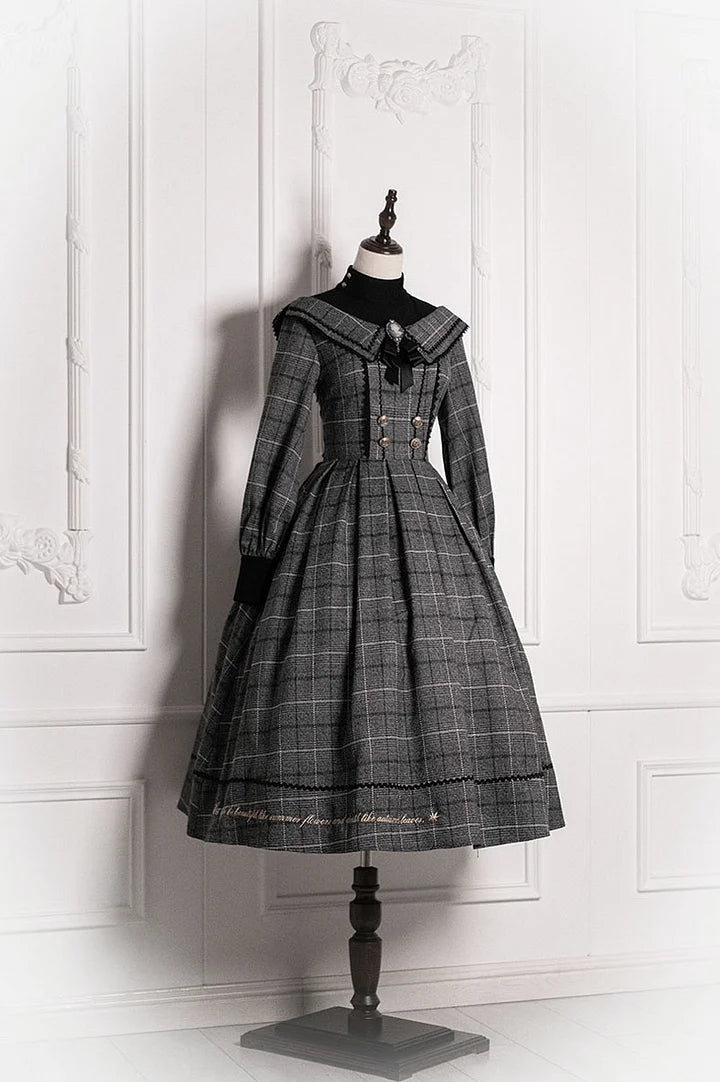 [Pre] Classic British Style Autumn Lolita Dress Elegant Plaid Long Sleeved Dress OP