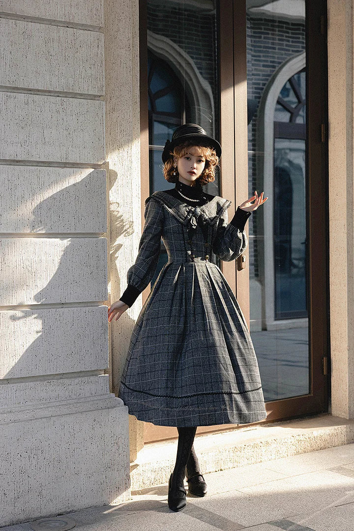 [Pre] Classic British Style Autumn Lolita Dress Elegant Plaid Long Sleeved Dress OP