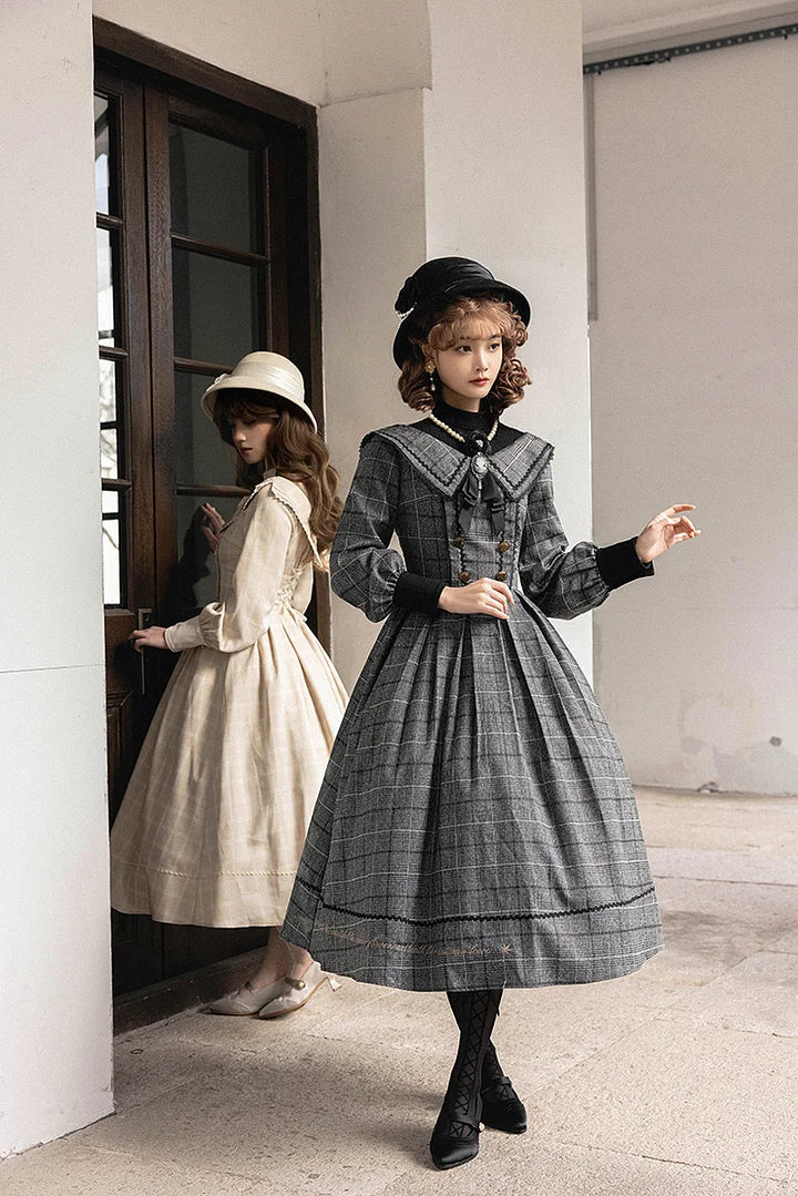 [Pre] Classic British Style Autumn Lolita Dress Elegant Plaid Long Sleeved Dress OP