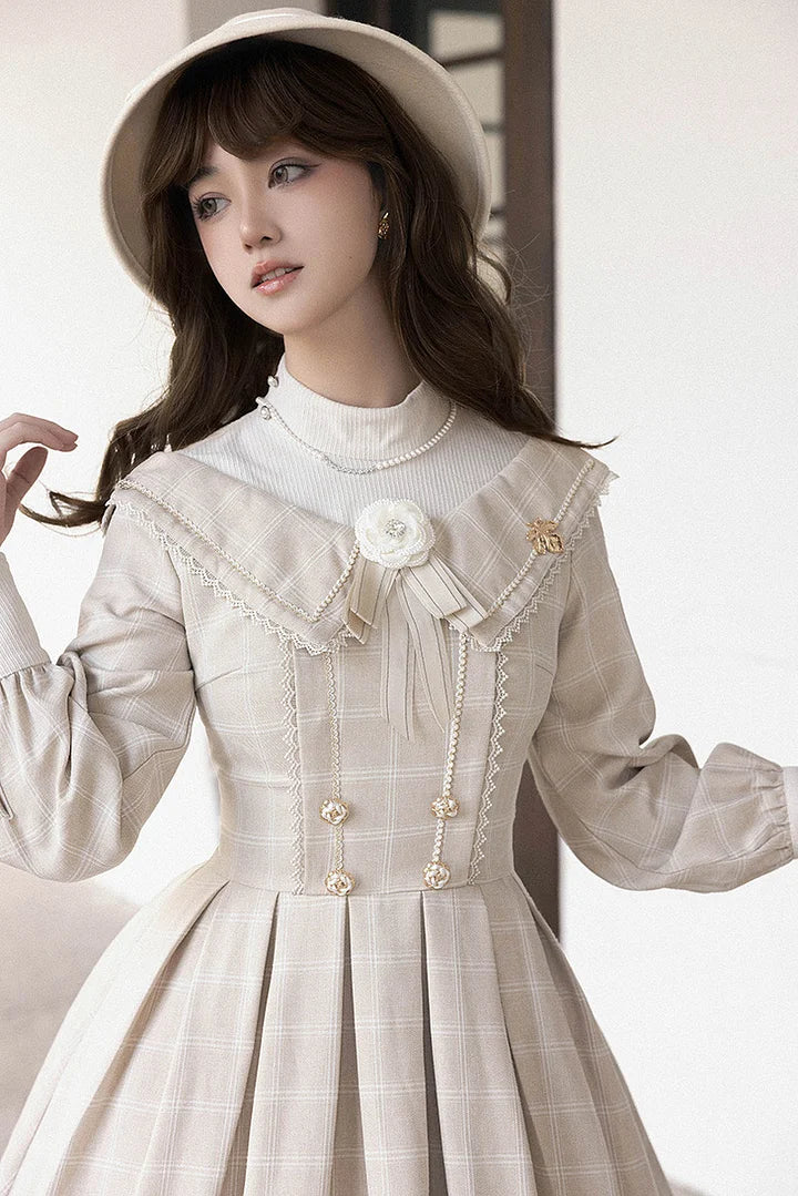 [Pre] Classic British Style Autumn Lolita Dress Elegant Plaid Long Sleeved Dress OP