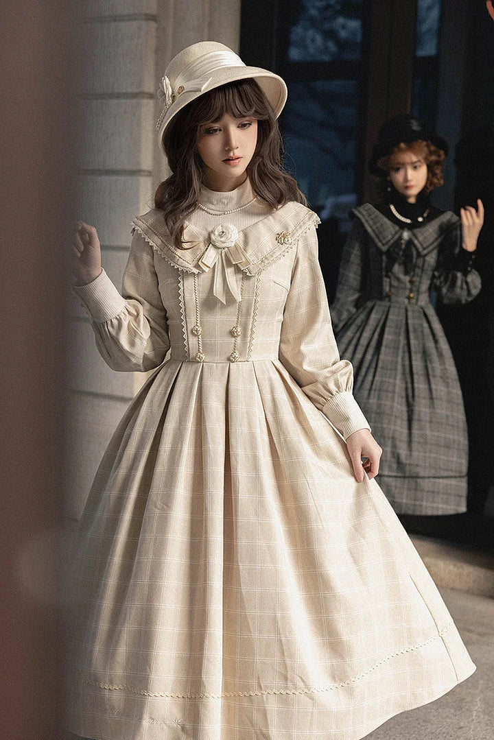 [Pre] Classic British Style Autumn Lolita Dress Elegant Plaid Long Sleeved Dress OP
