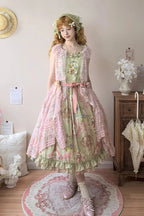 The Green Print JSK Dress is designed to embody the playful elegance of Sweet Lolita fashion. With its sleeveless cut, layered ruffles, and charming bow accents, it creates a light and youthful silhouette. The printed fabric adds personality and charm, while the fresh green tone brings a lively, romantic touch. Perfect for tea parties, casual outings, or seasonal gatherings, this dress reflects the sweet, whimsical spirit of classic Lolita style.