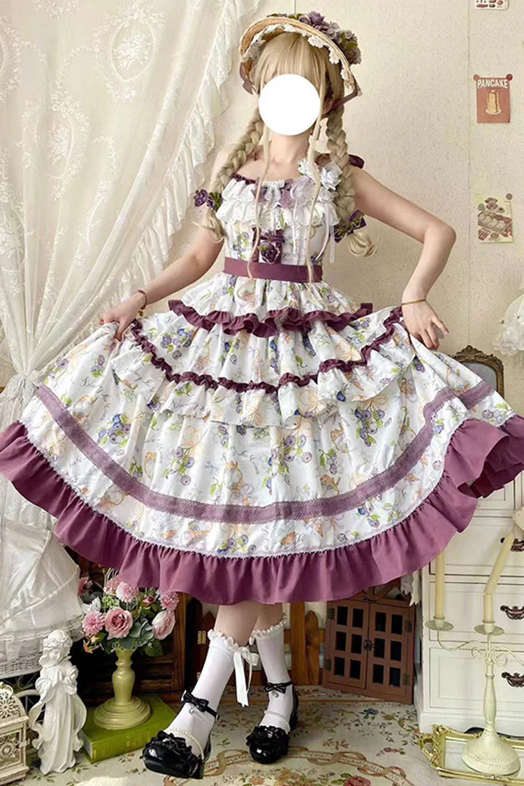 This Purple Green Classic Sweet Lolita JSK Dress is crafted to blend elegance with playful charm. The sleeveless design highlights the triple-layered ruffles and soft lace details, creating a light yet voluminous silhouette. Bowknot accents add a touch of sweetness, while the purple and green color combination offers a refreshing and unique vintage feel. Perfect for tea parties, daily outings, or themed events, this dress reflects timeless Lolita grace with a colorful twist.