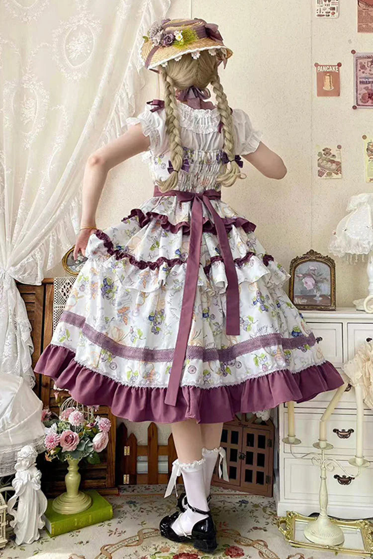 This Purple Green Classic Sweet Lolita JSK Dress is crafted to blend elegance with playful charm. The sleeveless design highlights the triple-layered ruffles and soft lace details, creating a light yet voluminous silhouette. Bowknot accents add a touch of sweetness, while the purple and green color combination offers a refreshing and unique vintage feel. Perfect for tea parties, daily outings, or themed events, this dress reflects timeless Lolita grace with a colorful twist.