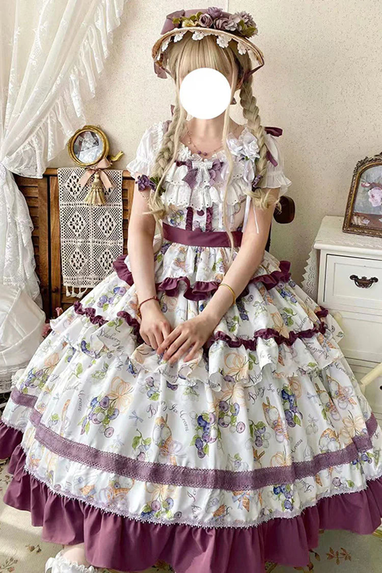This Purple Green Classic Sweet Lolita JSK Dress is crafted to blend elegance with playful charm. The sleeveless design highlights the triple-layered ruffles and soft lace details, creating a light yet voluminous silhouette. Bowknot accents add a touch of sweetness, while the purple and green color combination offers a refreshing and unique vintage feel. Perfect for tea parties, daily outings, or themed events, this dress reflects timeless Lolita grace with a colorful twist.