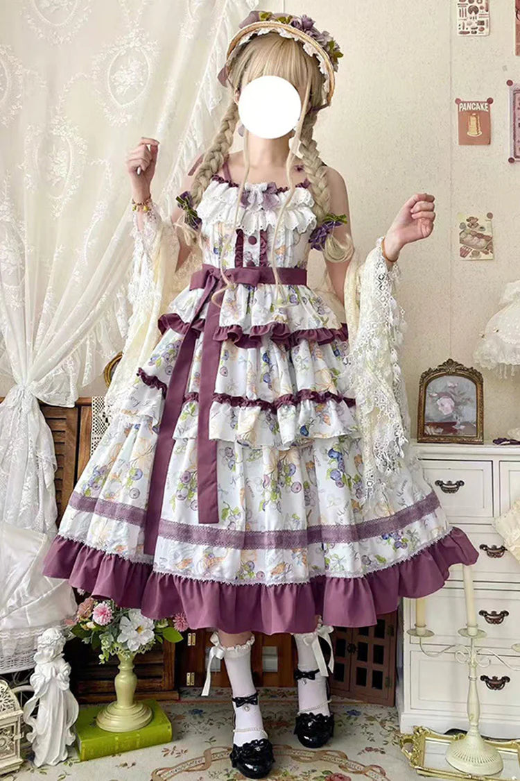 This Purple Green Classic Sweet Lolita JSK Dress is crafted to blend elegance with playful charm. The sleeveless design highlights the triple-layered ruffles and soft lace details, creating a light yet voluminous silhouette. Bowknot accents add a touch of sweetness, while the purple and green color combination offers a refreshing and unique vintage feel. Perfect for tea parties, daily outings, or themed events, this dress reflects timeless Lolita grace with a colorful twist.