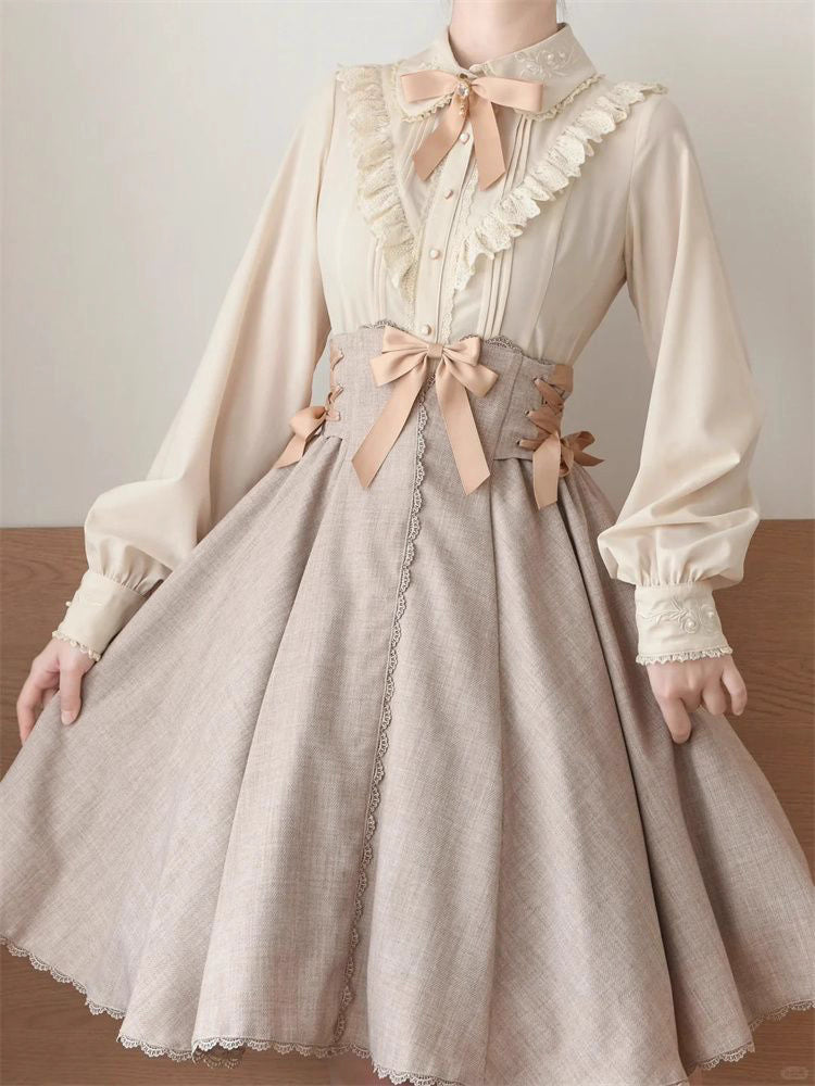 Design Concept:
This Classic Lolita pastoral set in soft apricot features a delicate blouse with a bow waist tie, paired with a matching skirt. Drawing inspiration from countryside charm, the design blends youthful sweetness with refined elegance. The light tones and graceful silhouette capture a romantic pastoral vibe, making it perfect for daily wear or tea party gatherings.