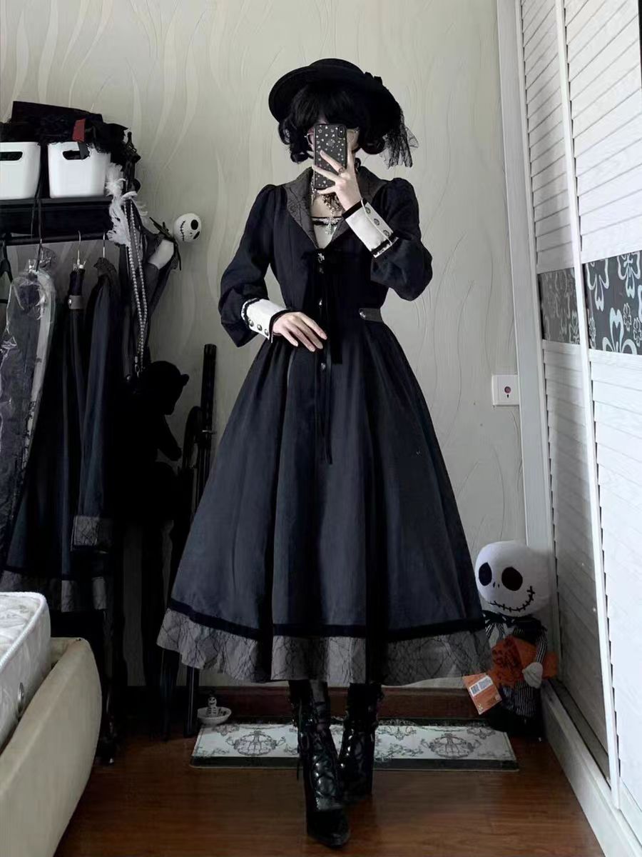 This Gothic Lolita Dark Elegant Dress is designed to highlight a refined and noble charm. Featuring a slim-fit waistline that enhances the silhouette, it creates an elegant and flattering figure. The long vintage-inspired skirt adds dramatic flow, while the dark gothic tone conveys mystery and allure. Perfect for formal gatherings, themed events, or daily elegance, this dress combines timeless sophistication with the enchanting essence of Lolita fashion.