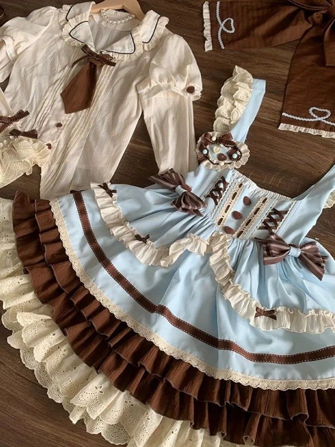 [Pre] Mint Chocolate Sweet Lolita Set Cute Strap Dress Shirt Ruffles Bow