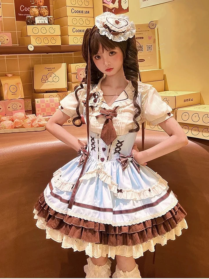 [Pre] Mint Chocolate Sweet Lolita Set Cute Strap Dress Shirt Ruffles Bow
