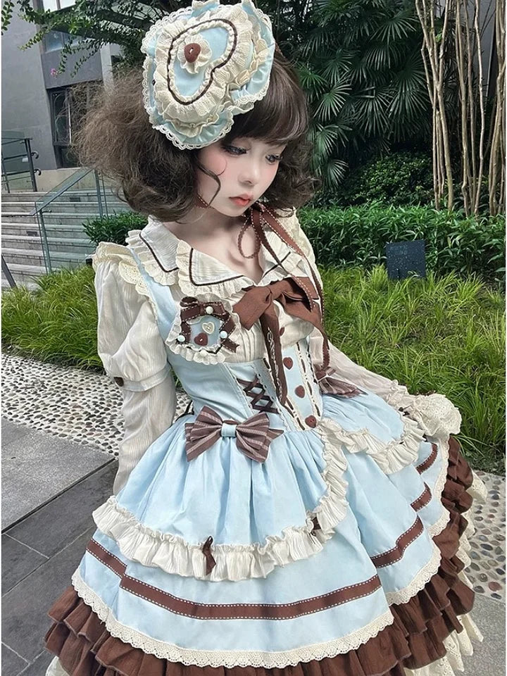 [Pre] Mint Chocolate Sweet Lolita Set Cute Strap Dress Shirt Ruffles Bow
