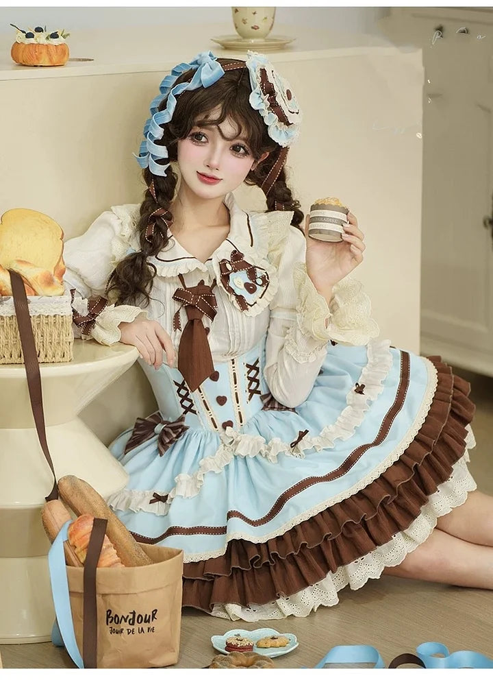 [Pre] Mint Chocolate Sweet Lolita Set Cute Strap Dress Shirt Ruffles Bow
