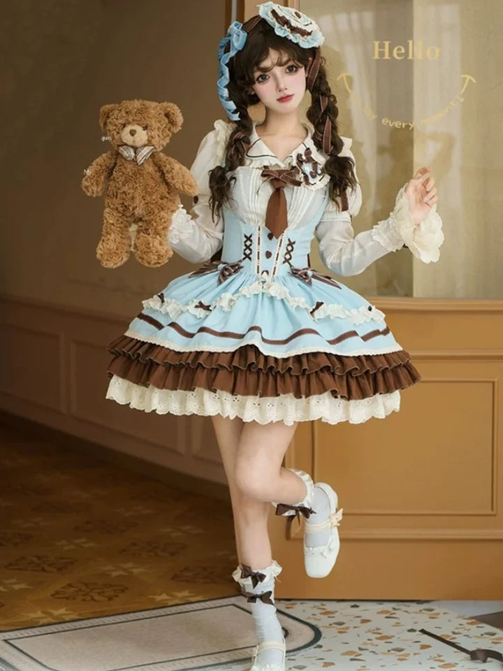 [Pre] Mint Chocolate Sweet Lolita Set Cute Strap Dress Shirt Ruffles Bow