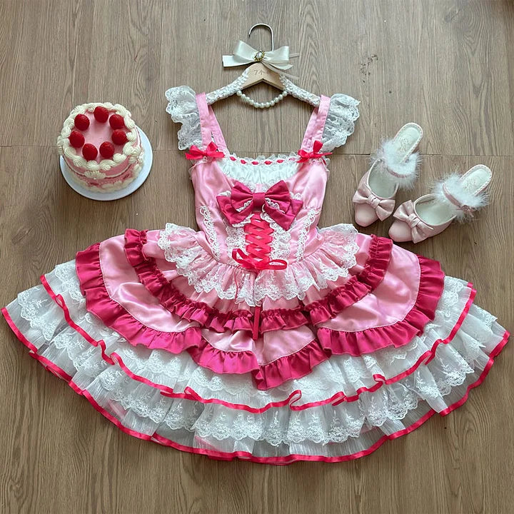 [Pre] Sweet Lolita Goth Lolita Ruffled Lace Bow Lolita Dress JSK Princess Cake Dress