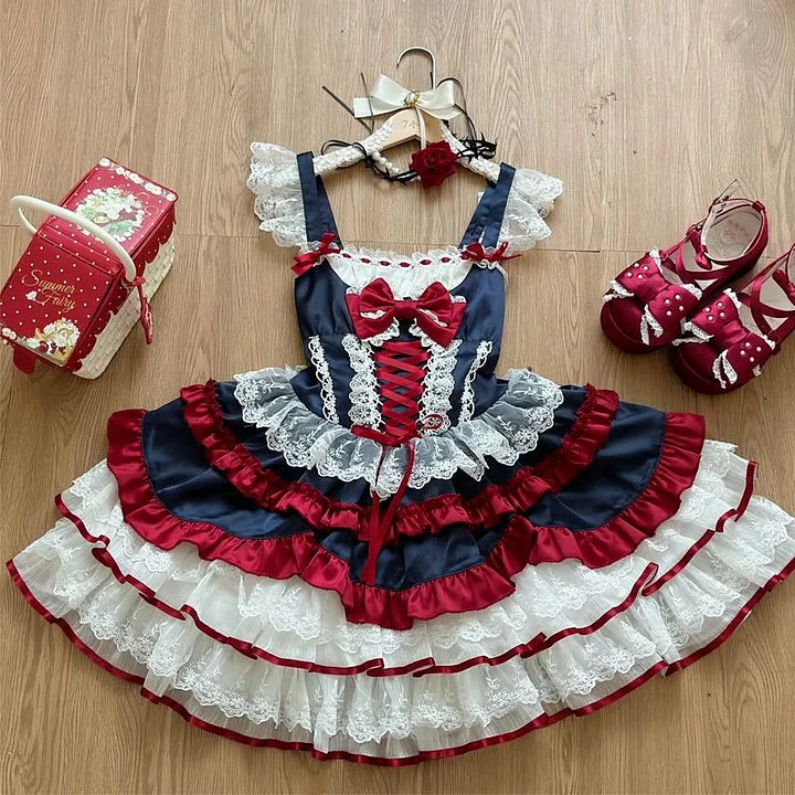 [Pre] Sweet Lolita Goth Lolita Ruffled Lace Bow Lolita Dress JSK Princess Cake Dress