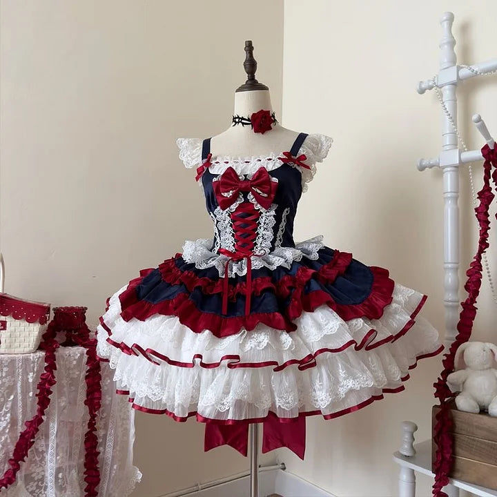 [Pre] Sweet Lolita Goth Lolita Ruffled Lace Bow Lolita Dress JSK Princess Cake Dress