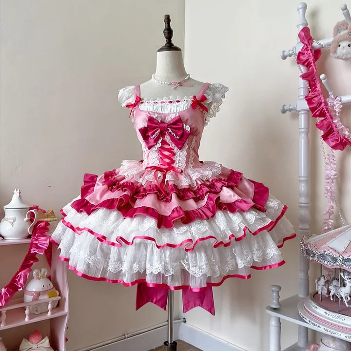 [Pre] Sweet Lolita Goth Lolita Ruffled Lace Bow Lolita Dress JSK Princess Cake Dress