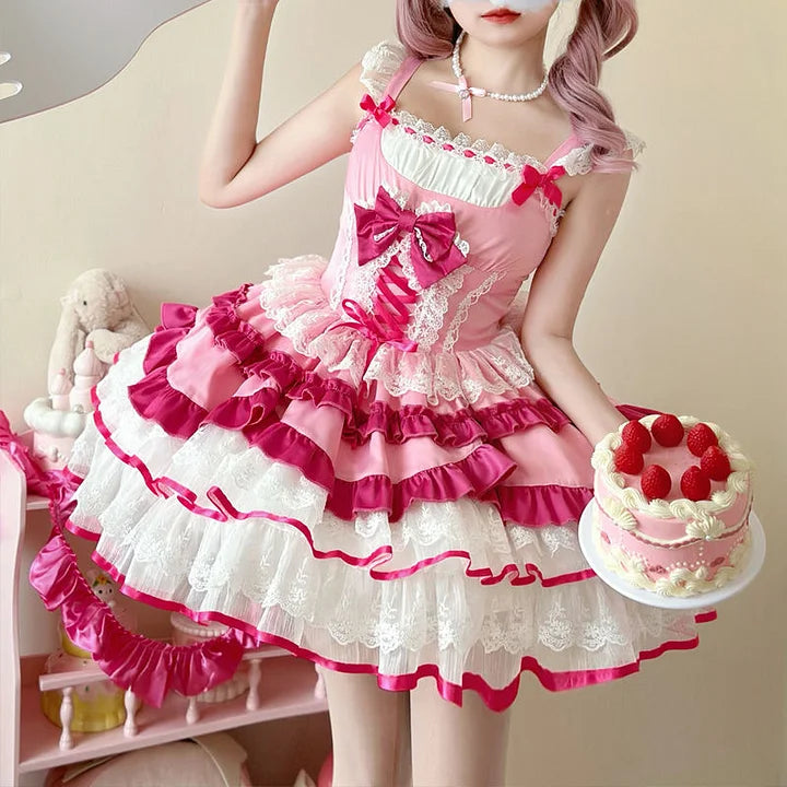 [Pre] Sweet Lolita Goth Lolita Ruffled Lace Bow Lolita Dress JSK Princess Cake Dress
