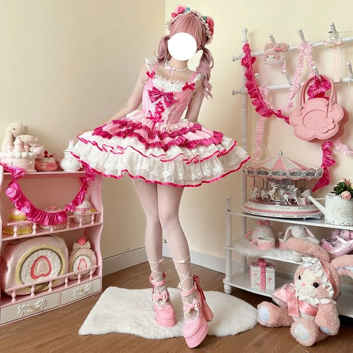 [Pre] Sweet Lolita Goth Lolita Ruffled Lace Bow Lolita Dress JSK Princess Cake Dress