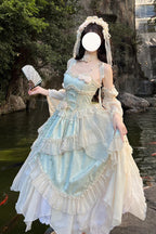 This Green Chinese Style Ballet Lolita JSK Dress Set combines traditional elegance with sweet Lolita charm. The jacquard fabric enhances its refined texture, while ruffles, lace, and bowknot details create a romantic silhouette. The irregular long hemline adds graceful movement, echoing the elegance of ballet-inspired design. With a sleeveless cut for versatility, this dress set is perfect for cultural gatherings, photoshoots, or special occasions, blending Chinese-inspired aesthetics with timeless Lolita b