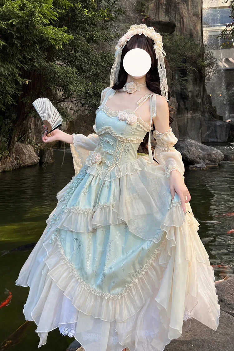 This Green Chinese Style Ballet Lolita JSK Dress Set combines traditional elegance with sweet Lolita charm. The jacquard fabric enhances its refined texture, while ruffles, lace, and bowknot details create a romantic silhouette. The irregular long hemline adds graceful movement, echoing the elegance of ballet-inspired design. With a sleeveless cut for versatility, this dress set is perfect for cultural gatherings, photoshoots, or special occasions, blending Chinese-inspired aesthetics with timeless Lolita b