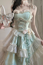 This Green Chinese Style Ballet Lolita JSK Dress Set combines traditional elegance with sweet Lolita charm. The jacquard fabric enhances its refined texture, while ruffles, lace, and bowknot details create a romantic silhouette. The irregular long hemline adds graceful movement, echoing the elegance of ballet-inspired design. With a sleeveless cut for versatility, this dress set is perfect for cultural gatherings, photoshoots, or special occasions, blending Chinese-inspired aesthetics with timeless Lolita b