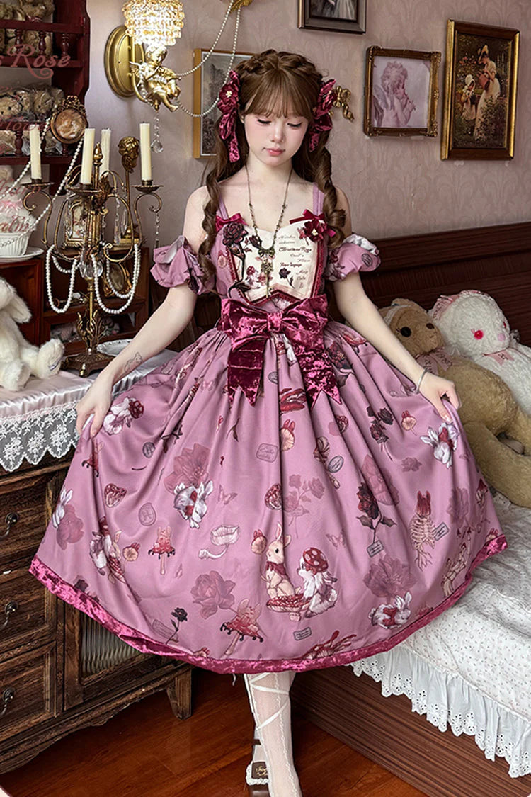 Step into a whimsical pastoral dream with this enchanting long JSK. The charming rabbit and sunflower print evokes a storybook fantasy of a serene meadow under a lavender sky. Meticulously crafted, the delicate ruffle embroidery and elegant bow detail enhance its sweet, romantic narrative. Designed in a regal purple hue, this sleeveless long dress offers a graceful silhouette for the discerning Lolita who loves nature-inspired elegance and storytelling through fashion.