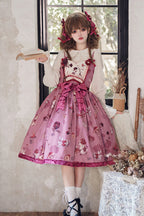 Step into a whimsical pastoral dream with this enchanting long JSK. The charming rabbit and sunflower print evokes a storybook fantasy of a serene meadow under a lavender sky. Meticulously crafted, the delicate ruffle embroidery and elegant bow detail enhance its sweet, romantic narrative. Designed in a regal purple hue, this sleeveless long dress offers a graceful silhouette for the discerning Lolita who loves nature-inspired elegance and storytelling through fashion.