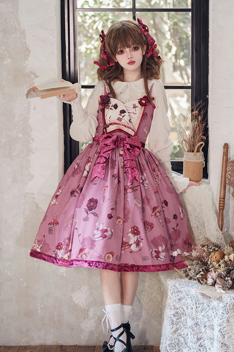 Step into a whimsical pastoral dream with this enchanting long JSK. The charming rabbit and sunflower print evokes a storybook fantasy of a serene meadow under a lavender sky. Meticulously crafted, the delicate ruffle embroidery and elegant bow detail enhance its sweet, romantic narrative. Designed in a regal purple hue, this sleeveless long dress offers a graceful silhouette for the discerning Lolita who loves nature-inspired elegance and storytelling through fashion.