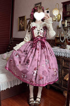 Step into a whimsical pastoral dream with this enchanting long JSK. The charming rabbit and sunflower print evokes a storybook fantasy of a serene meadow under a lavender sky. Meticulously crafted, the delicate ruffle embroidery and elegant bow detail enhance its sweet, romantic narrative. Designed in a regal purple hue, this sleeveless long dress offers a graceful silhouette for the discerning Lolita who loves nature-inspired elegance and storytelling through fashion.
