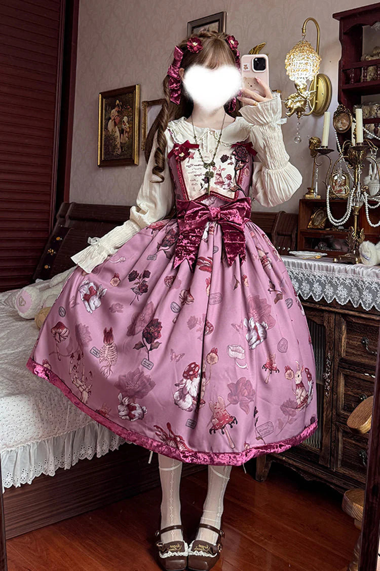 Step into a whimsical pastoral dream with this enchanting long JSK. The charming rabbit and sunflower print evokes a storybook fantasy of a serene meadow under a lavender sky. Meticulously crafted, the delicate ruffle embroidery and elegant bow detail enhance its sweet, romantic narrative. Designed in a regal purple hue, this sleeveless long dress offers a graceful silhouette for the discerning Lolita who loves nature-inspired elegance and storytelling through fashion.