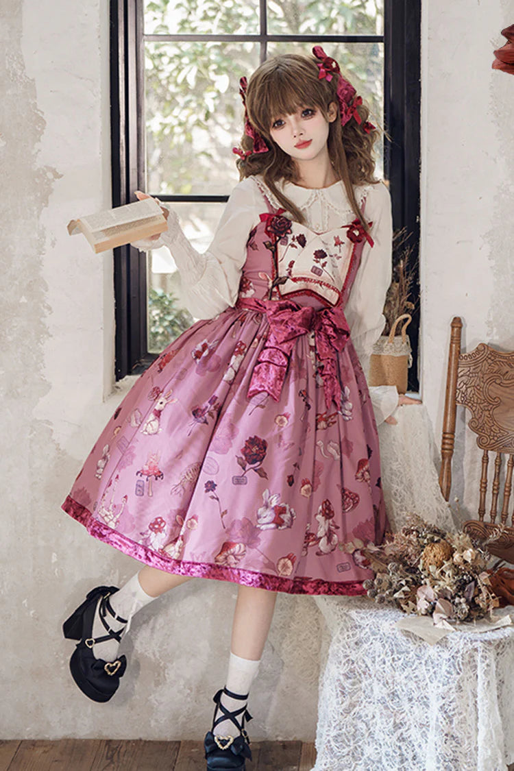 Step into a whimsical pastoral dream with this enchanting long JSK. The charming rabbit and sunflower print evokes a storybook fantasy of a serene meadow under a lavender sky. Meticulously crafted, the delicate ruffle embroidery and elegant bow detail enhance its sweet, romantic narrative. Designed in a regal purple hue, this sleeveless long dress offers a graceful silhouette for the discerning Lolita who loves nature-inspired elegance and storytelling through fashion.